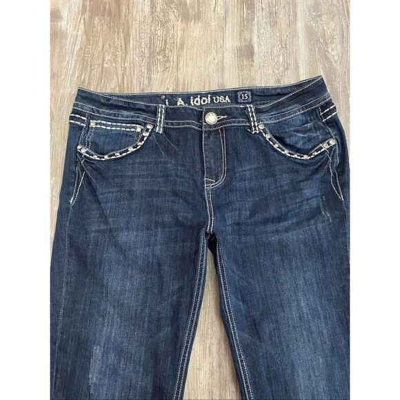 LA Idol Mid Rise Capri Jeans Rhinestone Embroidered Women’s Junior’s Sz 15 - Picture 2 of 7